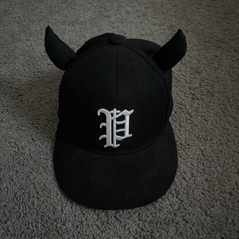 Black Cap with White Lettering and Horns